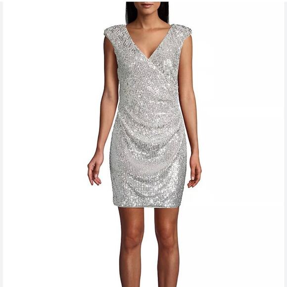 Aidan by Aidan Mattox Dresses & Skirts - Aidan Mattox Faux Wrap Sequin Ruched Cocktail Dress 12 Silver Champagne